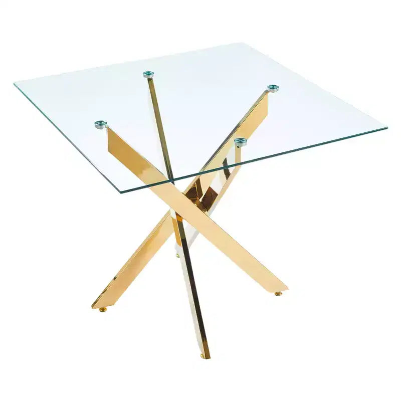 Dining Table with Cross Metal Leg and Tempered Glass Top, 90x90x75cm, Modern Space-Saving Design for Kitchen or Living Room