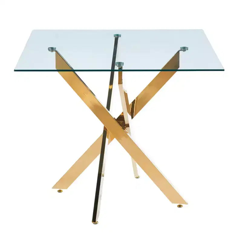 Dining Table with Cross Metal Leg and Tempered Glass Top, 90x90x75cm, Modern Space-Saving Design for Kitchen or Living Room