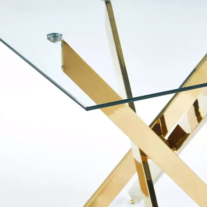 Dining Table with Cross Metal Leg and Tempered Glass Top, 90x90x75cm, Modern Space-Saving Design for Kitchen or Living Room