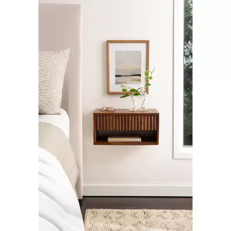 Kate and Laurel Reid Floating Wood Side Table with Open Storage, 18x10x9, Walnut Brown