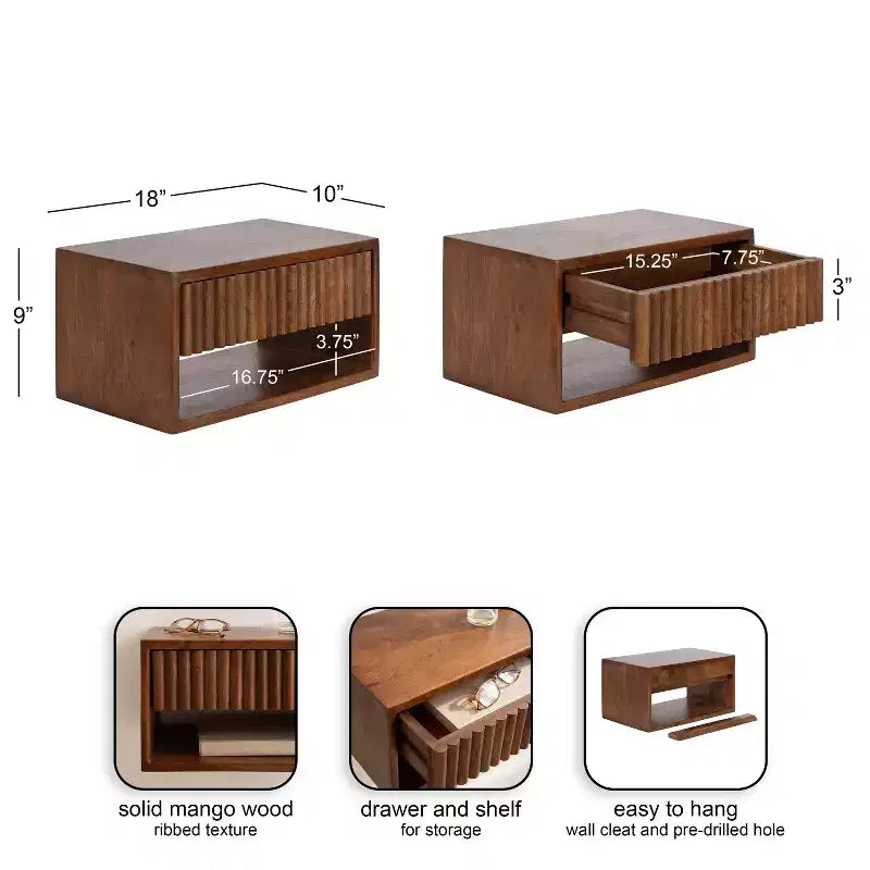 Kate and Laurel Reid Floating Wood Side Table with Open Storage, 18x10x9, Walnut Brown
