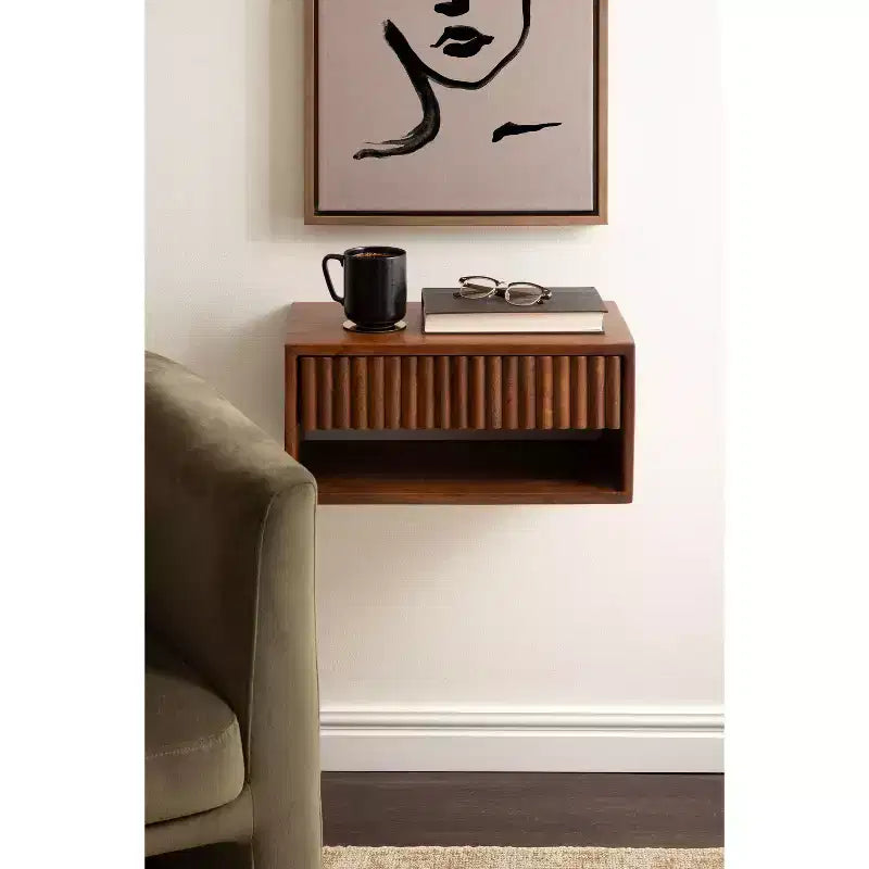 Kate and Laurel Reid Floating Wood Side Table with Open Storage, 18x10x9, Walnut Brown