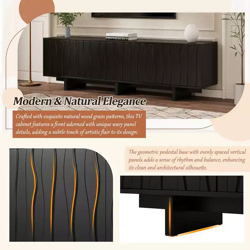 Meuble TV JVNOXK de 69 pouces au style rustique avec grain de bois vintage et portes d'armoire ondulées, adapté aux téléviseurs jusqu'à 75 pouces ; idéal pour les salons