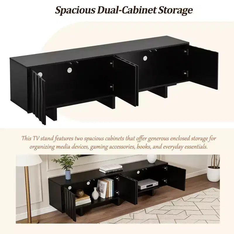 Meuble TV JVNOXK de 69 pouces au style rustique avec grain de bois vintage et portes d'armoire ondulées, adapté aux téléviseurs jusqu'à 75 pouces ; idéal pour les salons