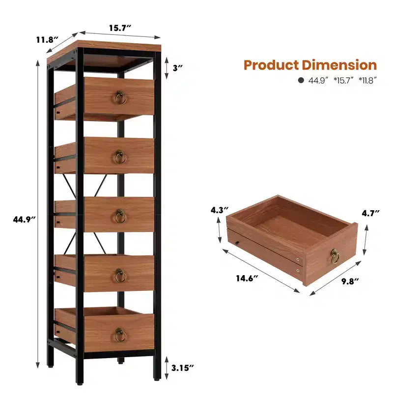 5-Tier Narrow Storage Drawers with 5 Pull-Out Drawers Basket for Kitchen Living Room Bathroom