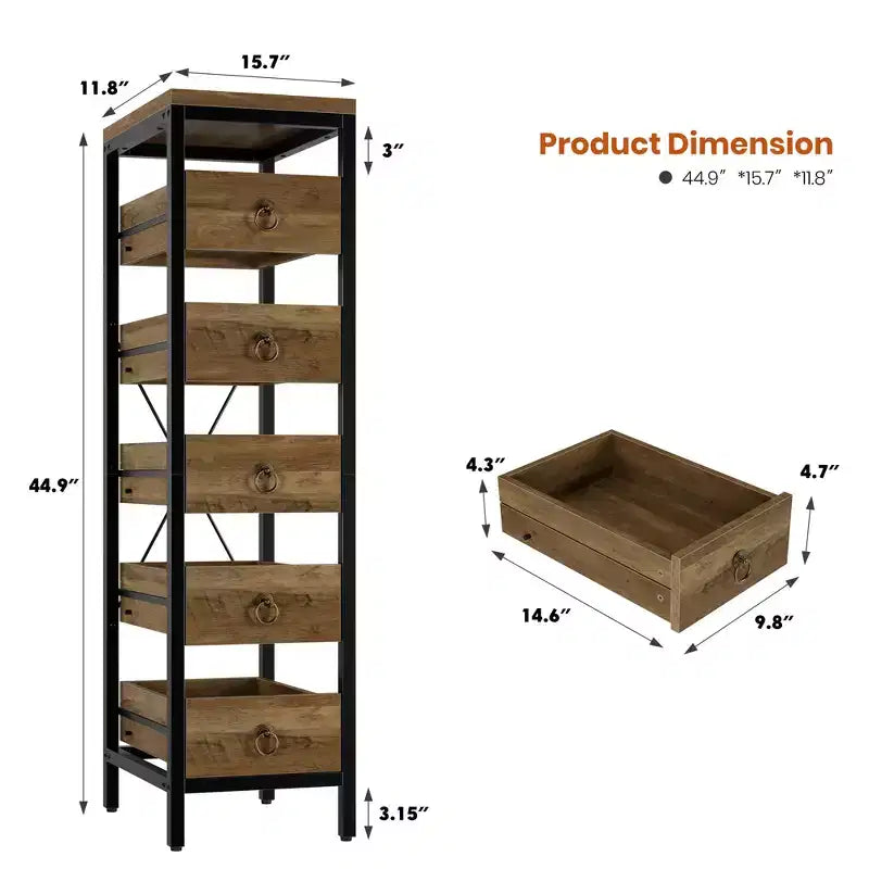 5-Tier Narrow Storage Drawers with 5 Pull-Out Drawers Basket for Kitchen Living Room Bathroom