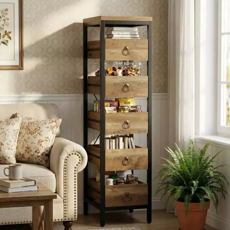 5-Tier Narrow Storage Drawers with 5 Pull-Out Drawers Basket for Kitchen Living Room Bathroom
