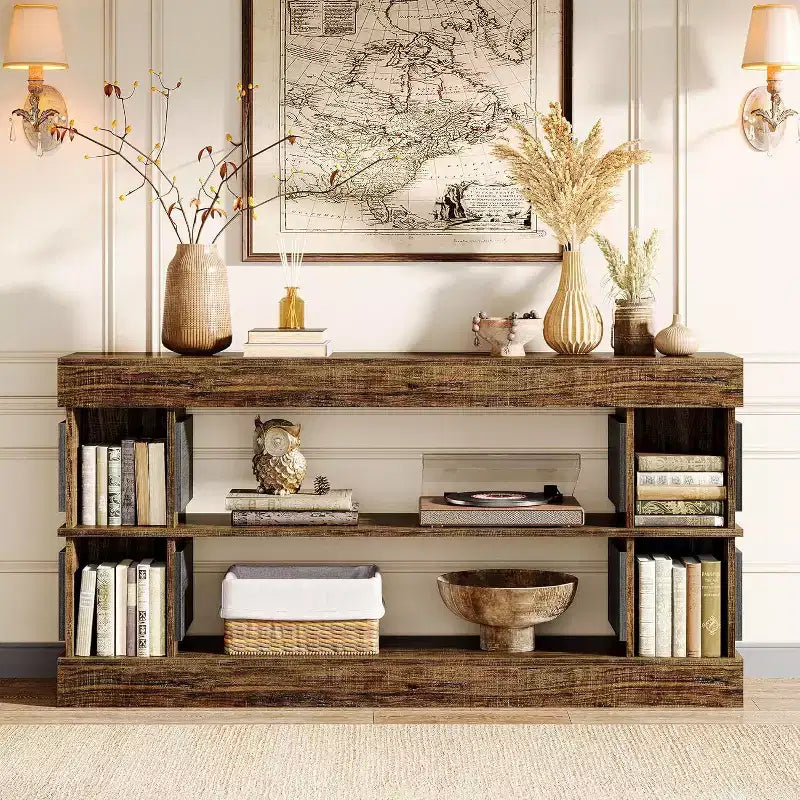 Lantine 63-Inch Farmhouse Console Table, 3-Tier Entryway Table with Storage for Living Room, Hallway, Foyer, Vintage Brown & Gray