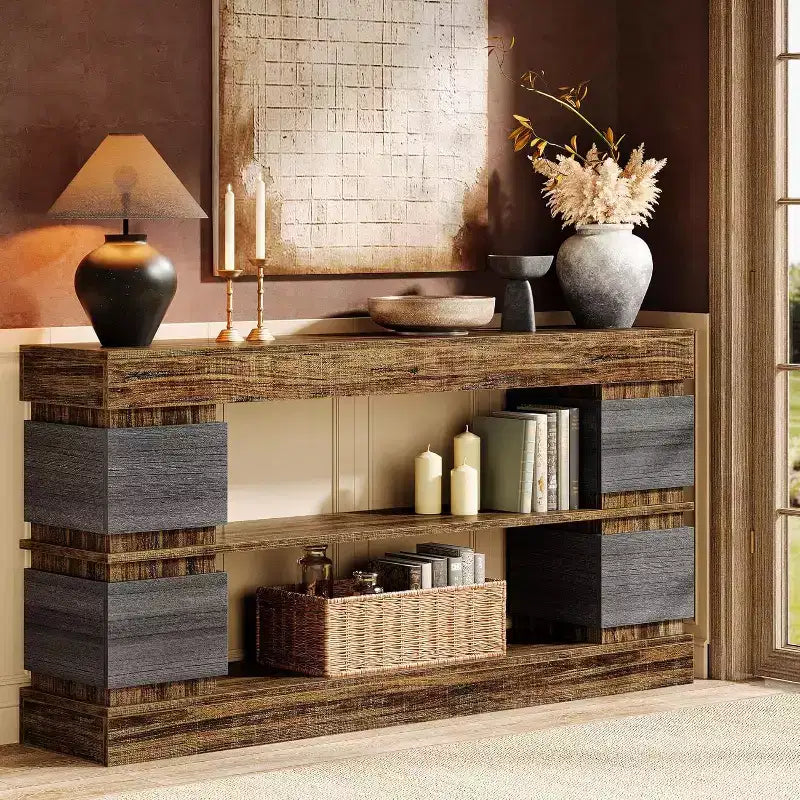 Lantine 63-Inch Farmhouse Console Table, 3-Tier Entryway Table with Storage for Living Room, Hallway, Foyer, Vintage Brown & Gray
