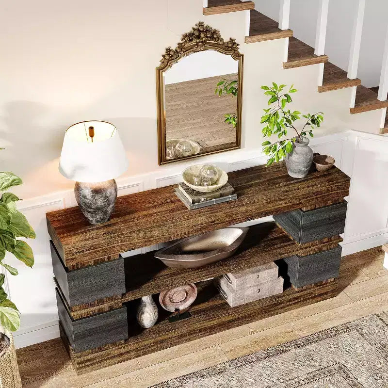 Lantine 63-Inch Farmhouse Console Table, 3-Tier Entryway Table with Storage for Living Room, Hallway, Foyer, Vintage Brown & Gray