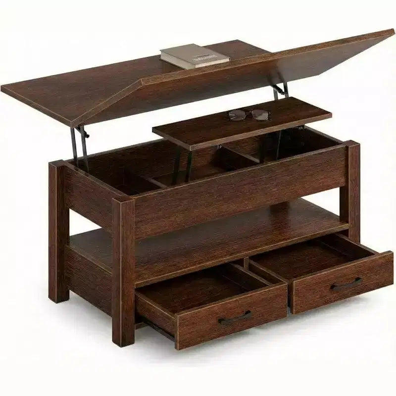 Table basse COZONY 39.4 avec plateau relevable, design relevable fendu avec 2 tiroirs et rangement dissimulé, style rustique