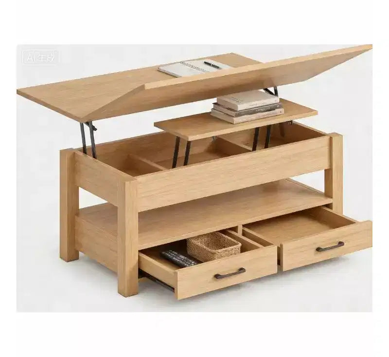 Table basse COZONY 39.4 avec plateau relevable, design relevable fendu avec 2 tiroirs et rangement dissimulé, style rustique