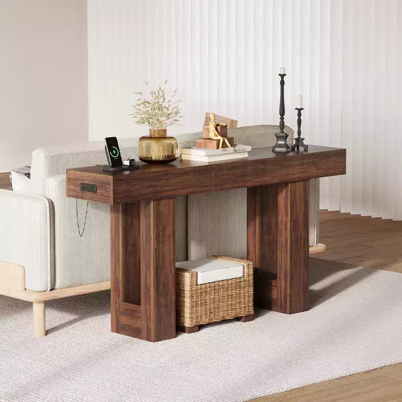 63 Table console d'entrée, Table de canapé longue et étroite en bois avec prise de courant, Table rectangulaire derrière le canapé, Table de foyer pour salon