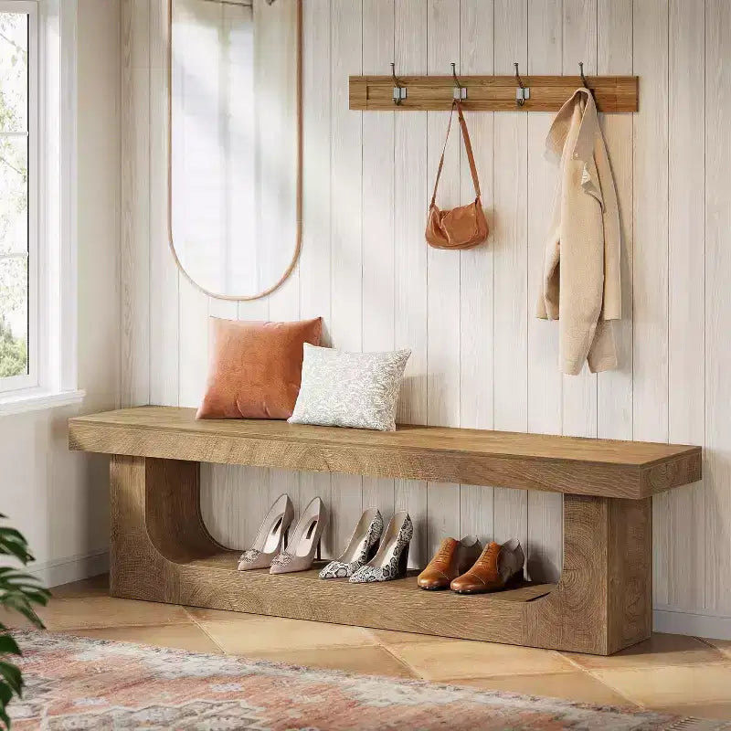 Lantine 63-Inch Long Entryway Bench with Shoe Storage, Large 2-Tier Hallway Foyer Shoe Bench with Open Shelf for Entrance, Bedroom
