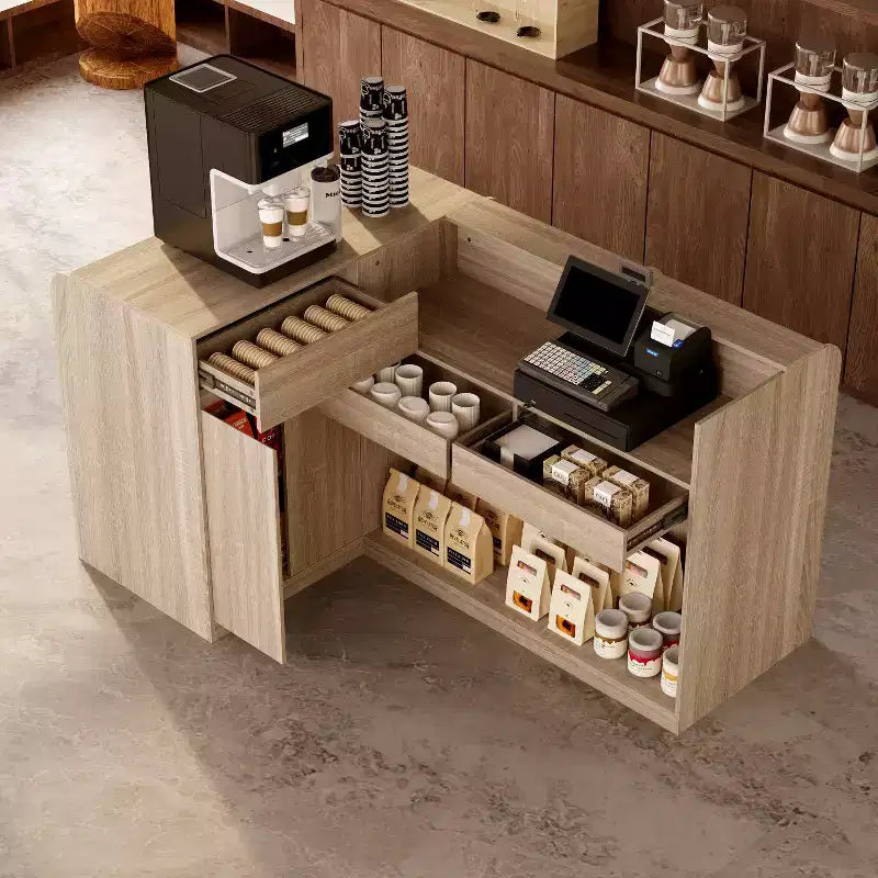 Hitow Light Wood Retail Cash Register & Reception Counter with Display Shelves