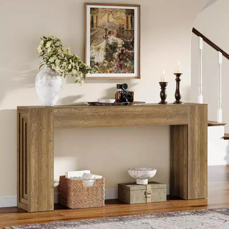 Lantine 63-Inch Long Console Table, Farmhouse Narrow Sofa Table for Living Room, Entryway, Hallway, Foyer, Natural Brown