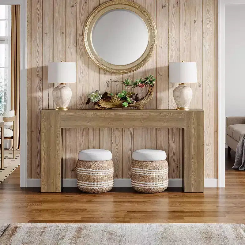 Lantine 63-Inch Long Console Table, Farmhouse Narrow Sofa Table for Living Room, Entryway, Hallway, Foyer, Natural Brown