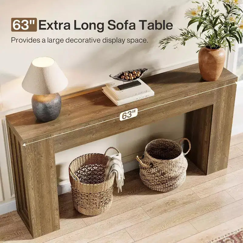 Lantine 63-Inch Long Console Table, Farmhouse Narrow Sofa Table for Living Room, Entryway, Hallway, Foyer, Natural Brown