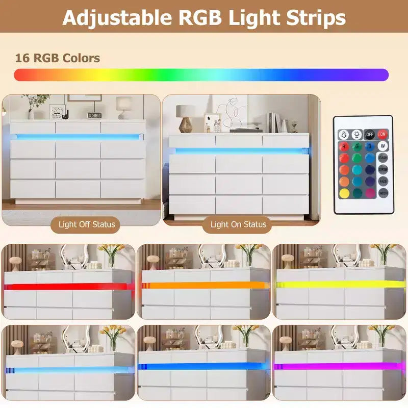 Modern Dresser for Bedroom, 59 Wooden Dresser with LED Lights, Modern Dressers & Chests of Drawers for Living Room Hallway Bedroom