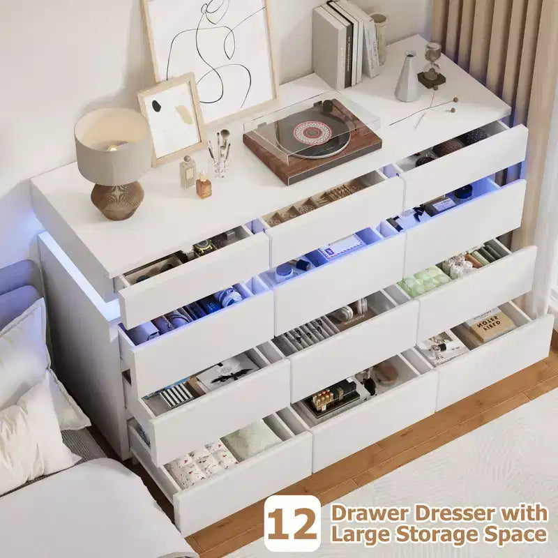 Modern Dresser for Bedroom, 59 Wooden Dresser with LED Lights, Modern Dressers & Chests of Drawers for Living Room Hallway Bedroom