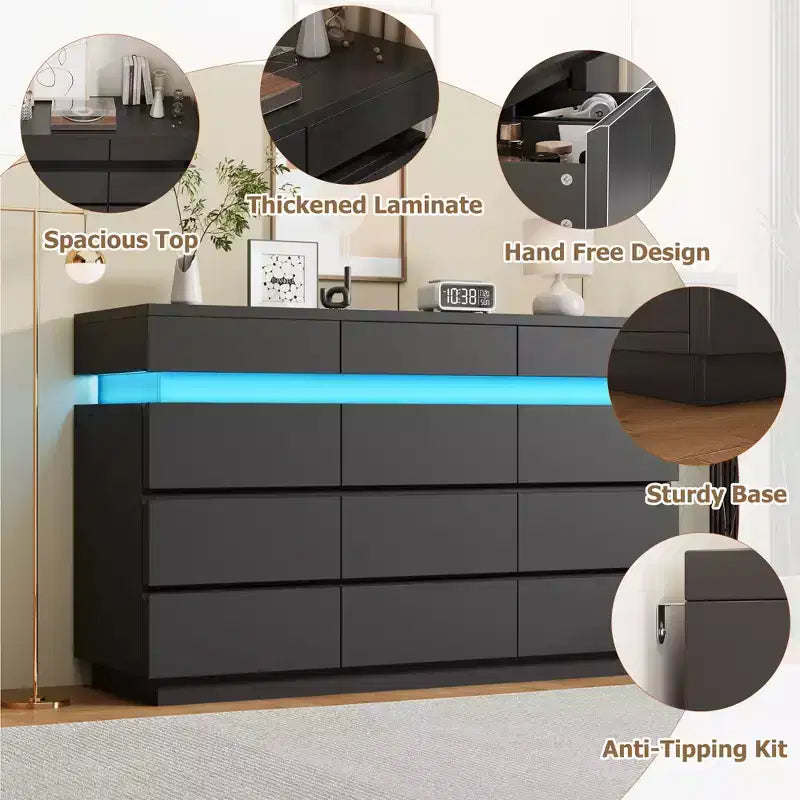 Modern Dresser for Bedroom, 59 Wooden Dresser with LED Lights, Modern Dressers & Chests of Drawers for Living Room Hallway Bedroom