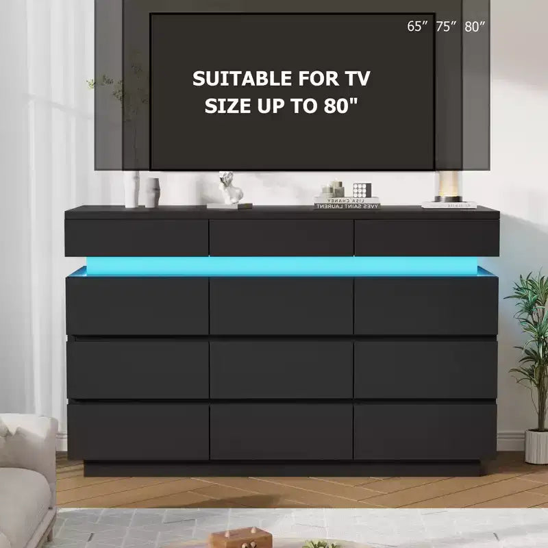 Modern Dresser for Bedroom, 59 Wooden Dresser with LED Lights, Modern Dressers & Chests of Drawers for Living Room Hallway Bedroom