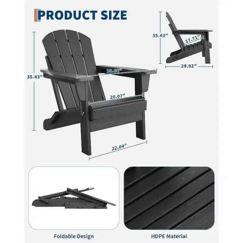 Folding Adirondack Chair Set of 2 with Side Table, 380lb Capacity HDPE All-Weather for Patio Deck Pool Backyard Fire Pit, Black