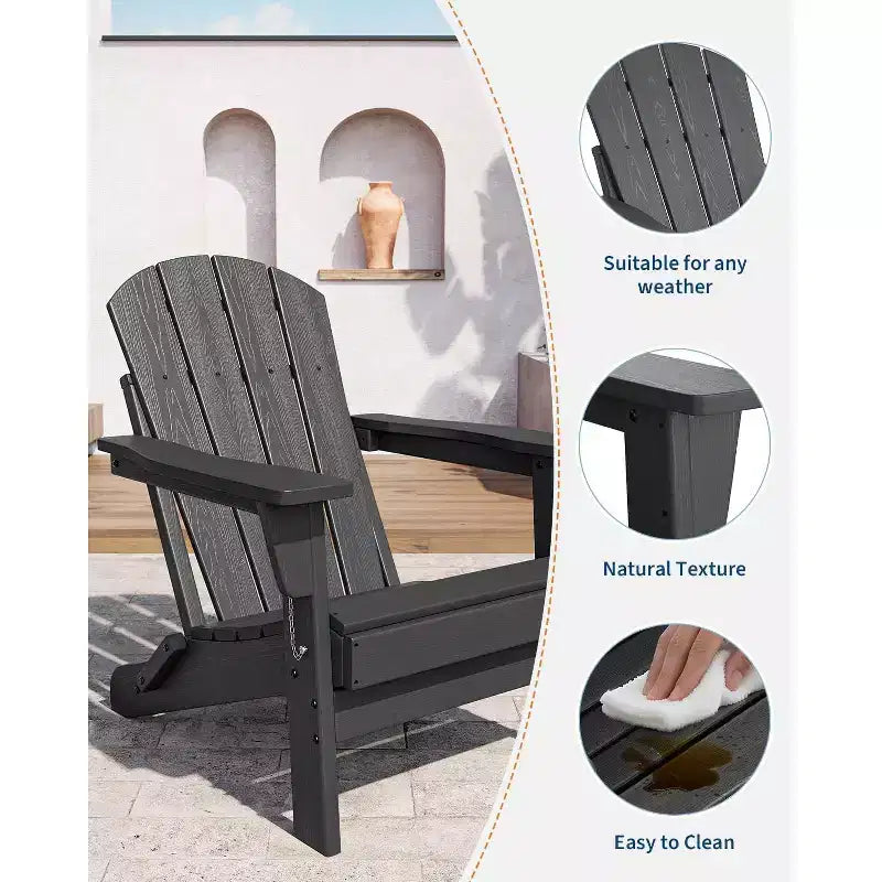 Folding Adirondack Chair Set of 2 with Side Table, 380lb Capacity HDPE All-Weather for Patio Deck Pool Backyard Fire Pit, Black