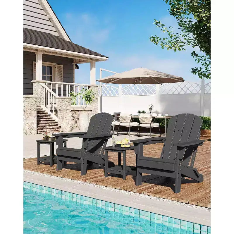 Folding Adirondack Chair Set of 2 with Side Table, 380lb Capacity HDPE All-Weather for Patio Deck Pool Backyard Fire Pit, Black