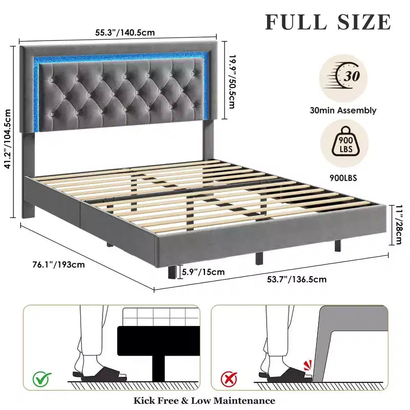 COZONY Floating Upholstered Platform Bed Frame with LED Lights, Diamond Headboard, No Box Spring
