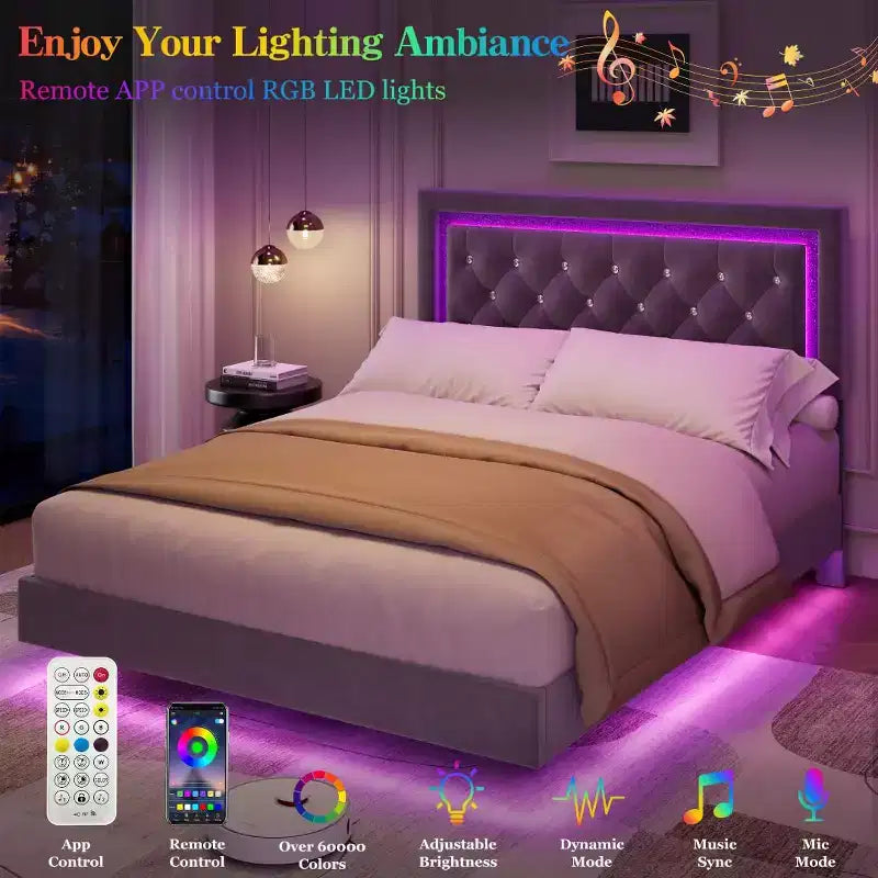COZONY Floating Upholstered Platform Bed Frame with LED Lights, Diamond Headboard, No Box Spring