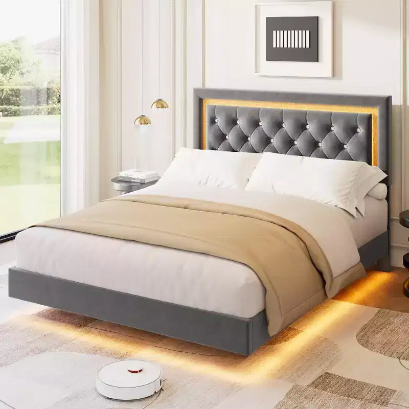 COZONY Floating Upholstered Platform Bed Frame with LED Lights, Diamond Headboard, No Box Spring