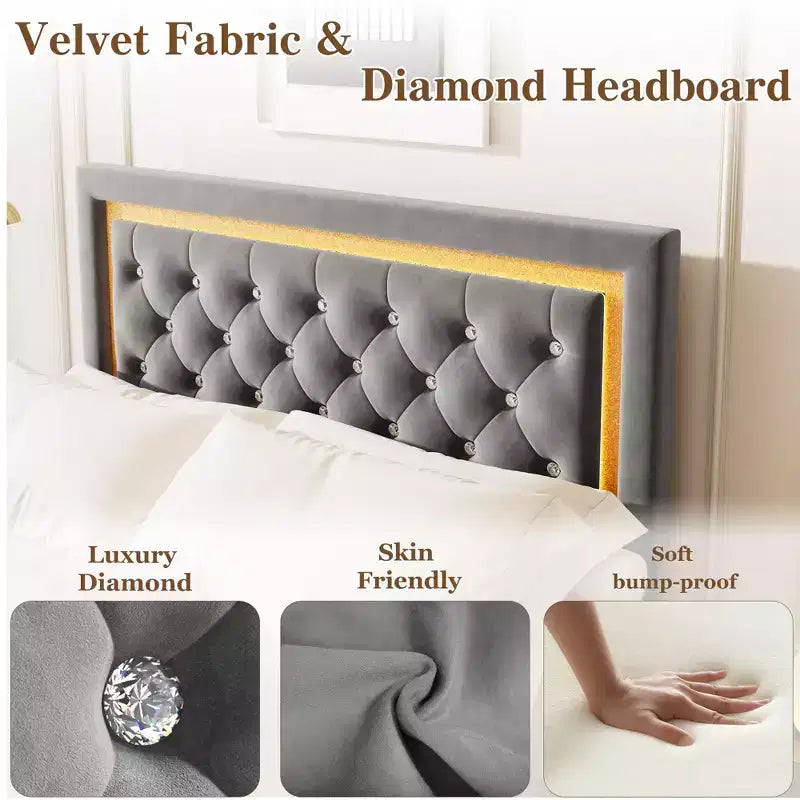 COZONY Floating Upholstered Platform Bed Frame with LED Lights, Diamond Headboard, No Box Spring