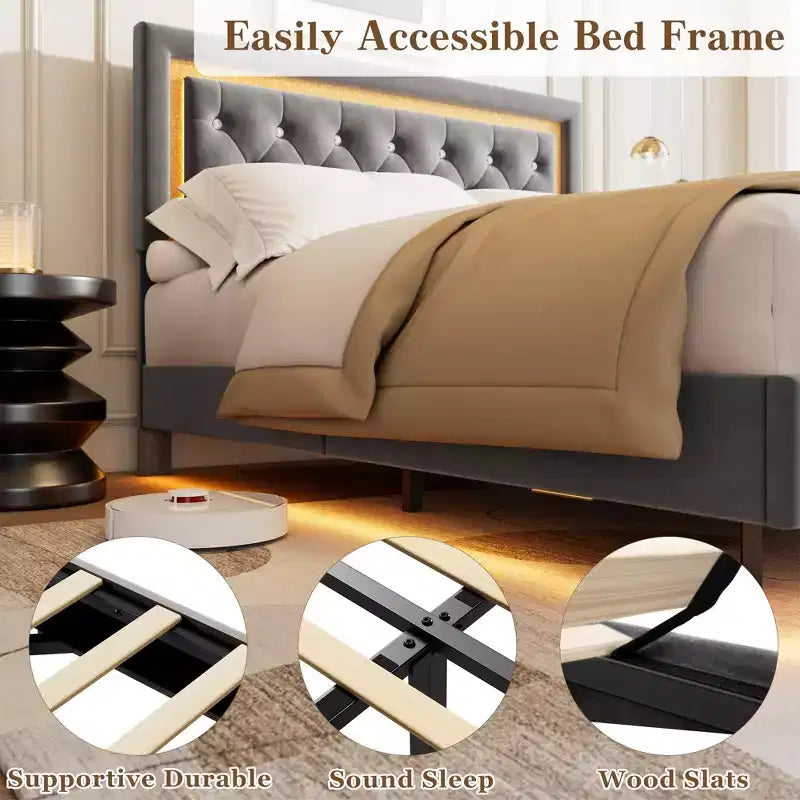 COZONY Floating Upholstered Platform Bed Frame with LED Lights, Diamond Headboard, No Box Spring