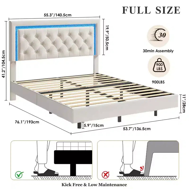 COZONY Floating Upholstered Platform Bed Frame with LED Lights, Diamond Headboard, No Box Spring