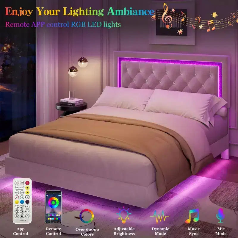 COZONY Floating Upholstered Platform Bed Frame with LED Lights, Diamond Headboard, No Box Spring