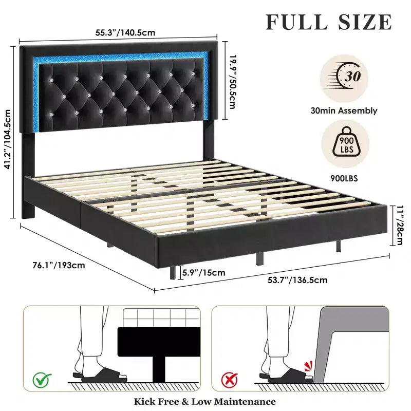 COZONY Floating Upholstered Platform Bed Frame with LED Lights, Diamond Headboard, No Box Spring