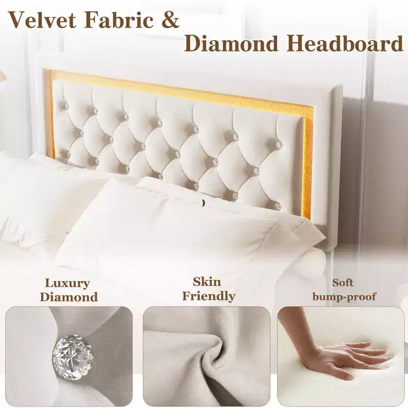 COZONY Floating Upholstered Platform Bed Frame with LED Lights, Diamond Headboard, No Box Spring
