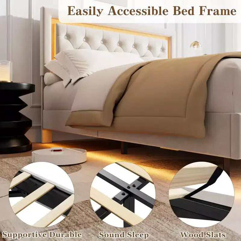 COZONY Floating Upholstered Platform Bed Frame with LED Lights, Diamond Headboard, No Box Spring