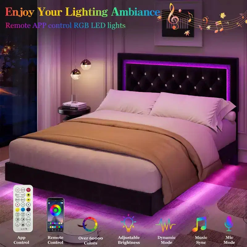 COZONY Floating Upholstered Platform Bed Frame with LED Lights, Diamond Headboard, No Box Spring