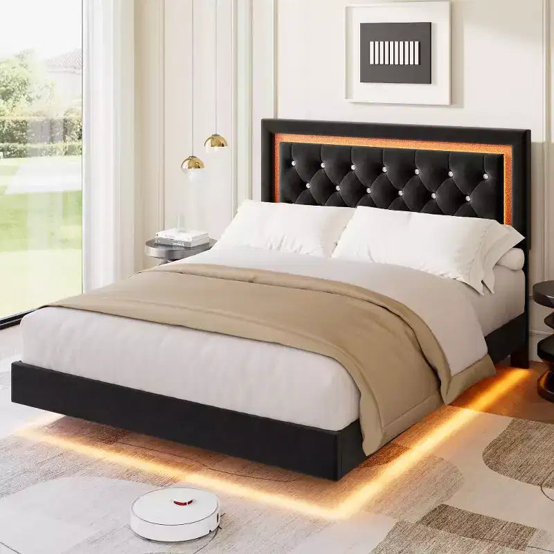 COZONY Floating Upholstered Platform Bed Frame with LED Lights, Diamond Headboard, No Box Spring