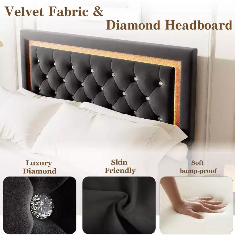 COZONY Floating Upholstered Platform Bed Frame with LED Lights, Diamond Headboard, No Box Spring