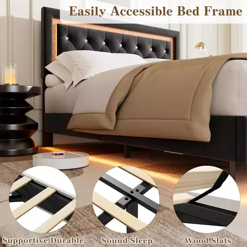 COZONY Floating Upholstered Platform Bed Frame with LED Lights, Diamond Headboard, No Box Spring