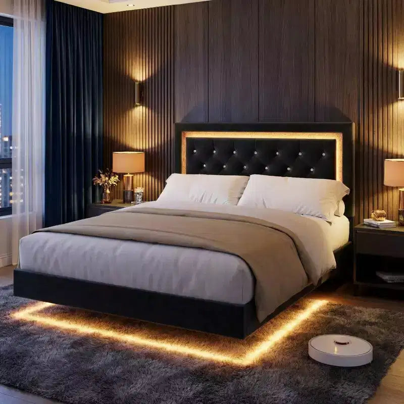 COZONY Floating Upholstered Platform Bed Frame with LED Lights, Diamond Headboard, No Box Spring