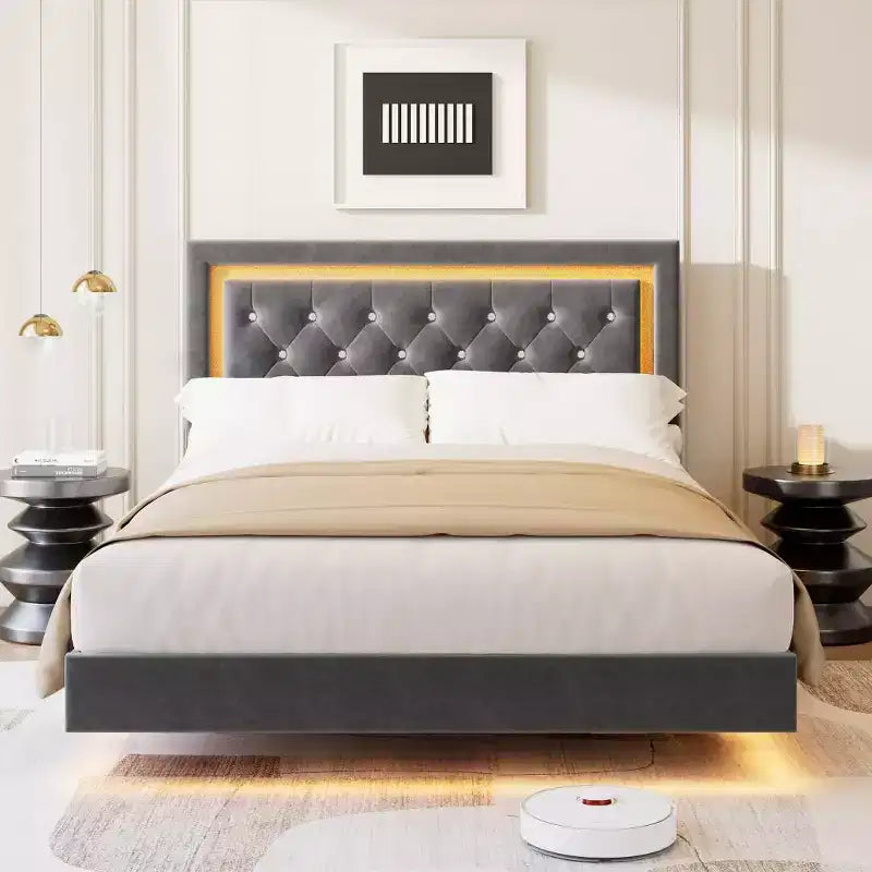 COZONY Floating Upholstered Platform Bed Frame with LED Lights, Diamond Headboard, No Box Spring
