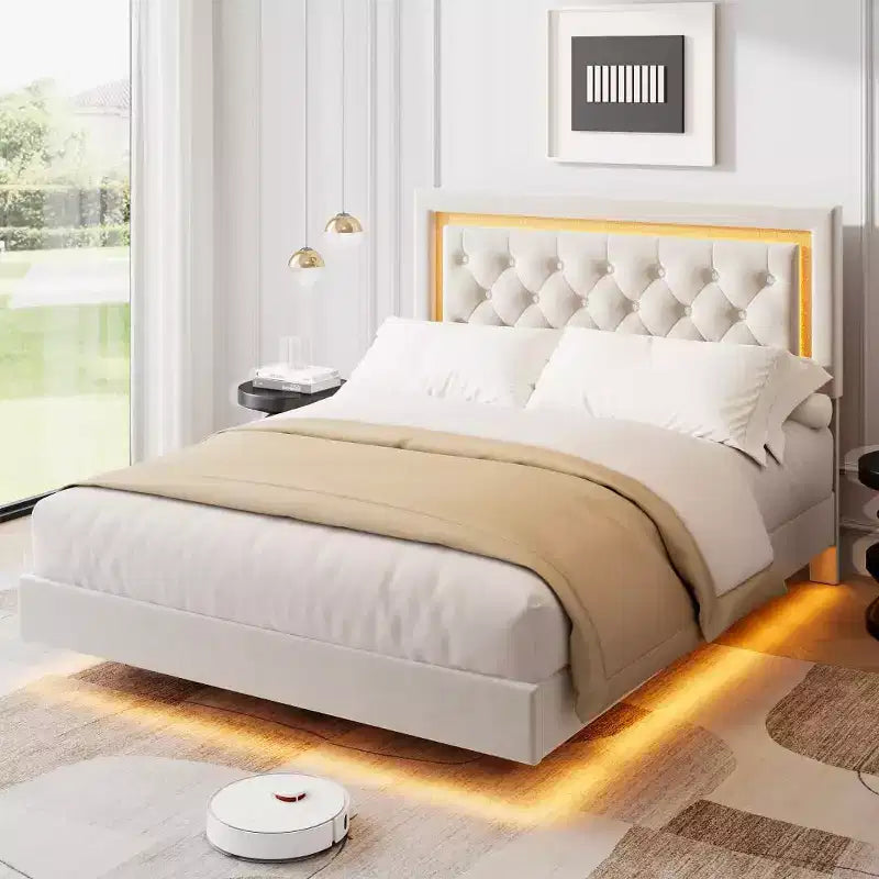 COZONY Floating Upholstered Platform Bed Frame with LED Lights, Diamond Headboard, No Box Spring