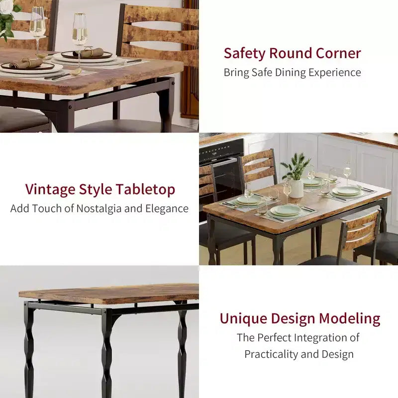 5 Piece Dining Table Set, Industrial Style Dining Table and Chairs Set for 4, Kitchen Table Set for Dining Room Kitchen Apartment