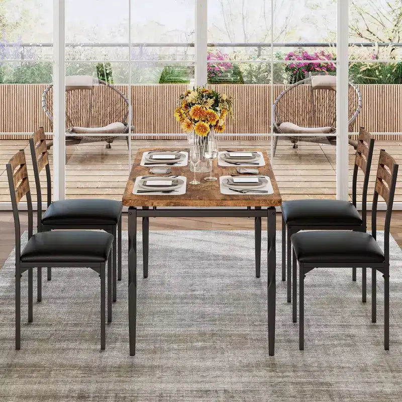 5 Piece Dining Table Set, Industrial Style Dining Table and Chairs Set for 4, Kitchen Table Set for Dining Room Kitchen Apartment