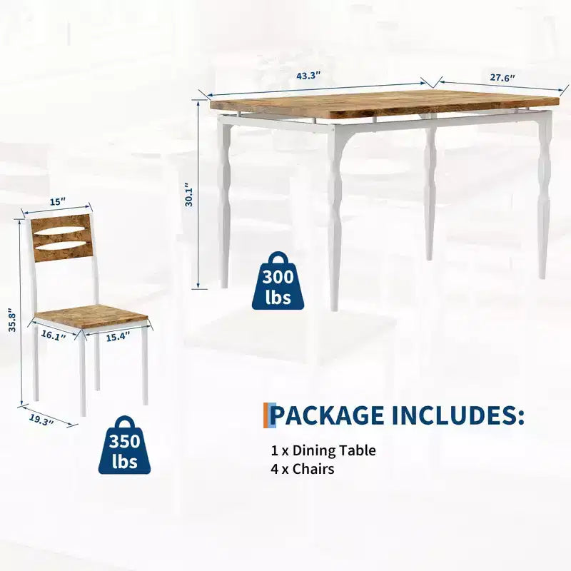 5 Piece Dining Table Set, Industrial Style Dining Table and Chairs Set for 4, Kitchen Table Set for Dining Room Kitchen Apartment