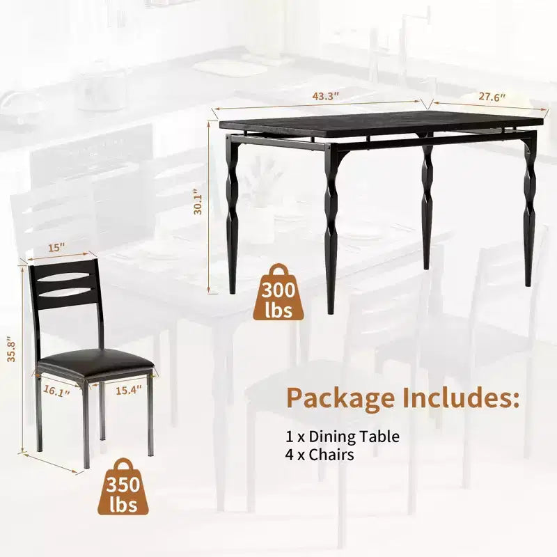5 Piece Dining Table Set, Industrial Style Dining Table and Chairs Set for 4, Kitchen Table Set for Dining Room Kitchen Apartment